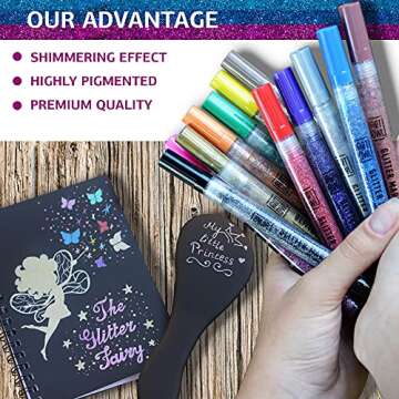 Art Owl Acrylic Glitter Paint Marker Pens, Medium Pens for Rock Painting, Stone, Ceramic, Glass, Wood, Fabric, Card Making, Canvas, DIY Crafts - Set of 12 Sparkle Paint Markers