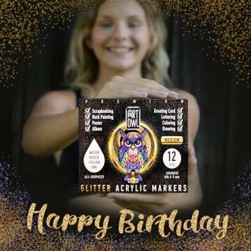 Art Owl Acrylic Glitter Paint Marker Pens, Medium Pens for Rock Painting, Stone, Ceramic, Glass, Wood, Fabric, Card Making, Canvas, DIY Crafts - Set of 12 Sparkle Paint Markers