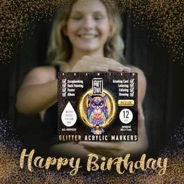 Art Owl Acrylic Glitter Paint Marker Pens, Medium Pens for Rock Painting, Stone, Ceramic, Glass, Wood, Fabric, Card Making, Canvas, DIY Crafts - Set of 12 Sparkle Paint Markers