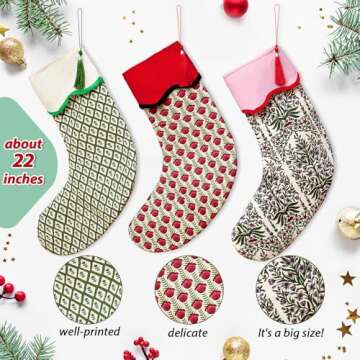 Croknit 3 Pcs Christmas Scalloped Piping Stocking, 22" Cotton Floral Nature Green Red Printed Xmas S...