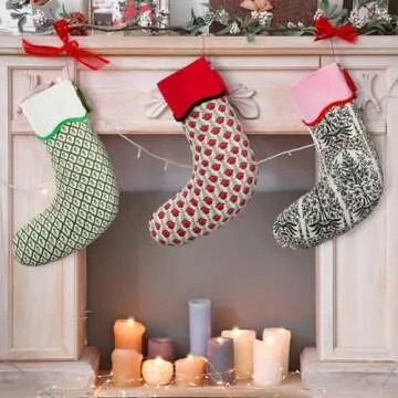 Croknit 3 Pcs Christmas Scalloped Piping Stocking, 22" Cotton Floral Nature Green Red Printed Xmas Stockings with Tassel Rustic Christmas Hanging Decorations for Stairs Fireplace Xmas Home Decor