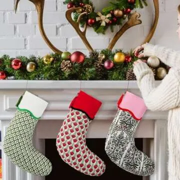 Croknit 3 Pcs Christmas Scalloped Piping Stocking, 22" Cotton Floral Nature Green Red Printed Xmas Stockings with Tassel Rustic Christmas Hanging Decorations for Stairs Fireplace Xmas Home Decor
