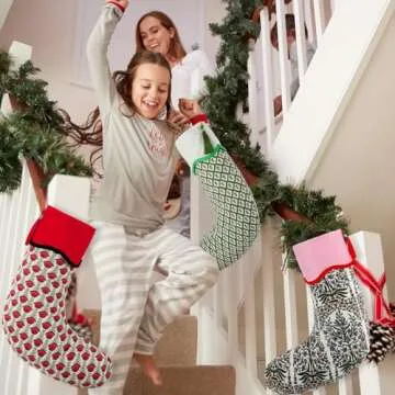 Croknit 3 Pcs Christmas Scalloped Piping Stocking, 22" Cotton Floral Nature Green Red Printed Xmas Stockings with Tassel Rustic Christmas Hanging Decorations for Stairs Fireplace Xmas Home Decor