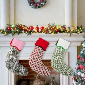 Croknit 3 Pcs Christmas Scalloped Piping Stocking, 22" Cotton Floral Nature Green Red Printed Xmas Stockings with Tassel Rustic Christmas Hanging Decorations for Stairs Fireplace Xmas Home Decor