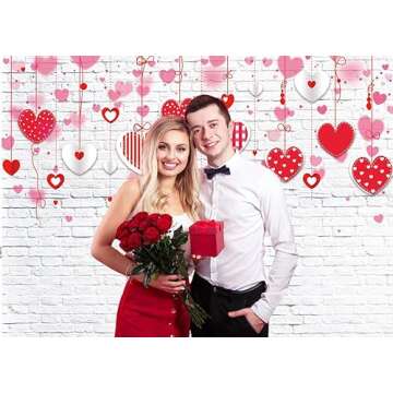LTLYH Valentine's Day Backdrop 7x5ft with White Brick Wall and Red Hearts