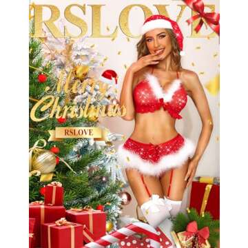 RSLOVE Women Christmas Lingerie Set with Garter Belts Sexy Santa Babydoll Teddy 4 Piece Bra and Pant...