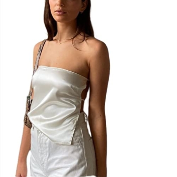 Women Sexy Strapless Tube Tops Sleeveless Backless Solid Satin Crop Top Summer Streewear Tank Top(D-White Satin,S)