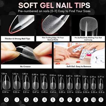 Makartt Nail Tips and Glue Kit: 15ML Solid Gel with 500PCS Almond Medium Soft Tips, Full Cover Pre-Buffed Nails, Portable Mini Lamp, and Base Coat for DIY Manicure Art