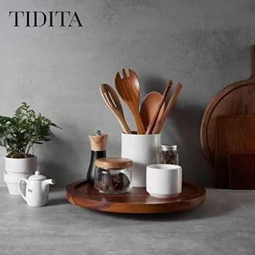 TIDTIA 13" Acacia Wood Lazy Susan Organizer for Cabinet - Round Lazy Susans Turntable for Countertop - Wooden Kitchen Rotating Storage Food Bin Container for Centerpiece Table, Spices, Pantry