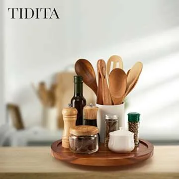 TIDTIA 13" Acacia Wood Lazy Susan Organizer for Cabinet - Round Lazy Susans Turntable for Countertop - Wooden Kitchen Rotating Storage Food Bin Container for Centerpiece Table, Spices, Pantry