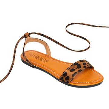 SANDALUP Leopard Sandals Women Dressy Strappy Summer Cute Lace Up Boho Comfortable Ankle Strap Staw Flat Sandals for Women 6.5