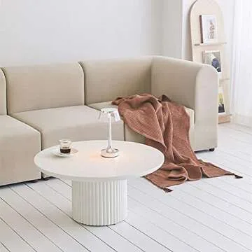 SEEAIRSHOP Modern Round Solid Wood Coffee Table White Small Cocktail Table Wooden Farmhouse Living Room Center Table Low Table with Wooden Circle Top and Metal Pedestal - 31.5" W