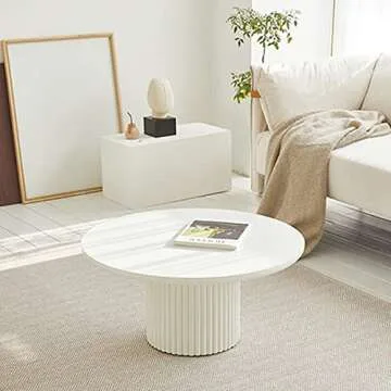 SEEAIRSHOP Modern Round Solid Wood Coffee Table White Small Cocktail Table Wooden Farmhouse Living Room Center Table Low Table with Wooden Circle Top and Metal Pedestal - 31.5" W
