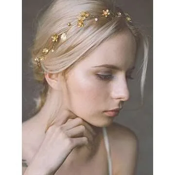 Yean Bride Wedding Hair Vine Headband Gold Leaf Bridal Accessories for Women (Gold) (Gold)