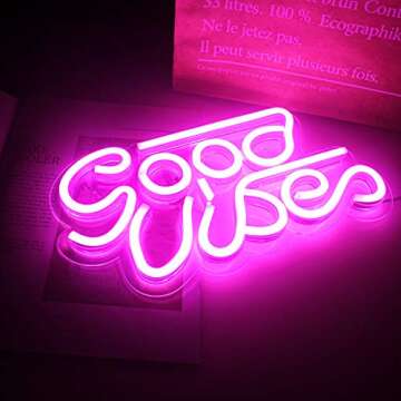 LUCUNSTAR Good Vibes Neon Sign Lights Signs Lights with Usb Decor for Room Bedroom Bar Restaurant Game Room Christmas Valentine's Day Birthday Party LED Art Decoration Light (Pink)