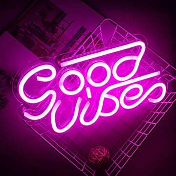 LUCUNSTAR Good Vibes Neon Sign Lights Signs Lights with Usb Decor for Room Bedroom Bar Restaurant Game Room Christmas Valentine's Day Birthday Party LED Art Decoration Light (Pink)