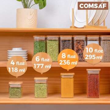 ComSaf 12Pcs Glass Spice Jars with Bamboo Lid, 8oz Airtight Square Containers with 275 Black Lables, Empty Seasoning Jars for Spice Salt Sugar