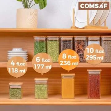 ComSaf 12Pcs Glass Spice Jars with Bamboo Lid, 8oz Airtight Square Containers with 275 Black Lables, Empty Seasoning Jars for Spice Salt Sugar