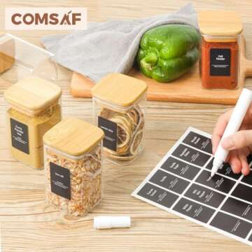 ComSaf 12Pcs Glass Spice Jars with Bamboo Lid, 8oz Airtight Square Containers with 275 Black Lables, Empty Seasoning Jars for Spice Salt Sugar