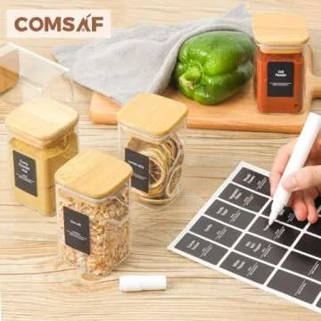 ComSaf 12Pcs Glass Spice Jars with Bamboo Lid, 8oz Airtight Square Containers with 275 Black Lables, Empty Seasoning Jars for Spice Salt Sugar