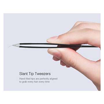 Tweezers Set 4Pcs with Leather Case, Precision Stainless Steel Tweezers for Eyebrows Splinter Facial Hair, Slant Flat Point Angle Tips