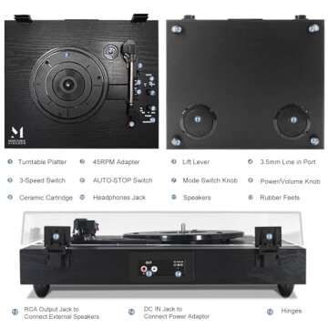 Vintage Style 3 Speeds Wireless Input Record Player, Built-in Dual Premium Speakers,Belt Drive,RCA Output,Aux in,Fulll Size Platter Turntable, Black Wood