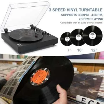 Vintage Style 3 Speeds Wireless Input Record Player, Built-in Dual Premium Speakers,Belt Drive,RCA Output,Aux in,Fulll Size Platter Turntable, Black Wood