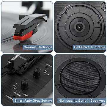 Vintage Style 3 Speeds Wireless Input Record Player, Built-in Dual Premium Speakers,Belt Drive,RCA Output,Aux in,Fulll Size Platter Turntable, Black Wood