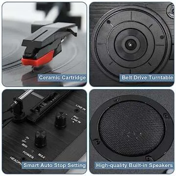 Vintage Style 3 Speeds Wireless Input Record Player, Built-in Dual Premium Speakers,Belt Drive,RCA Output,Aux in,Fulll Size Platter Turntable, Black Wood