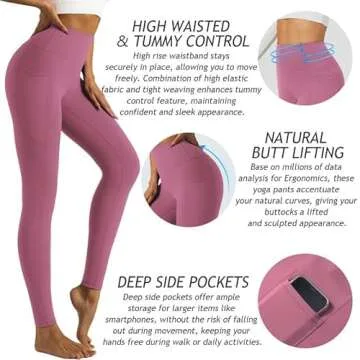 YOGAFREE Yoga Legging for Women Buttery Soft Tummy Control Leggings High Waist Workout Yoga Pants with Pockets Pink L