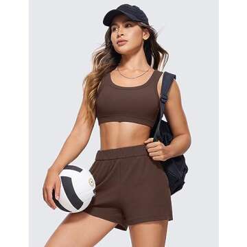 CRZ YOGA Ribbed Sports Bras for Women - U Back Wireless Medium Impact Padded Yoga Workout Cami Taupe Medium