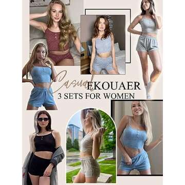 Ekouaer 3 Sets for Women Ribbed Pajamas Crop Cami Top and Shorts Pjs Casual Sleeveless Button Lounge Set Sleepwear