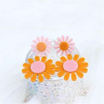 ONLYJUMP 60s 70s Daisy Earrings for Women Exaggerated Acrylic Large Flower Earrings Bohemian Boho Earring Layered Flower Petals Earrings (Orange)