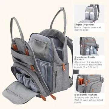 BabbleRoo Diaper Bag Backpack - Baby Essentials Travel Tote - Multi Function Waterproof Diaper Bag, Travel Essentials Baby Bag with Changing Pad, Stroller Straps & Pacifier Case - Unisex, Light Gray