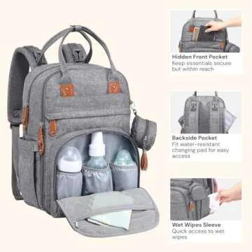 BabbleRoo Diaper Bag Backpack - Baby Essentials Travel Tote - Multi Function Waterproof Diaper Bag, Travel Essentials Baby Bag with Changing Pad, Stroller Straps & Pacifier Case - Unisex, Light Gray