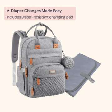 BabbleRoo Diaper Bag Backpack - Baby Essentials Travel Tote - Multi Function Waterproof Diaper Bag, Travel Essentials Baby Bag with Changing Pad, Stroller Straps & Pacifier Case - Unisex, Light Gray