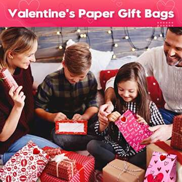 48PCS Valentine Gift Bags Assorted Designs Paper Treat Bags for Kids Classroom Candy Goodie Bags with Stickers Valentines Day Heart Cookies Treat Bags Party Favor Supplies