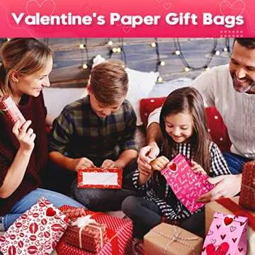 48PCS Valentine Gift Bags Assorted Designs Paper Treat Bags for Kids Classroom Candy Goodie Bags with Stickers Valentines Day Heart Cookies Treat Bags Party Favor Supplies