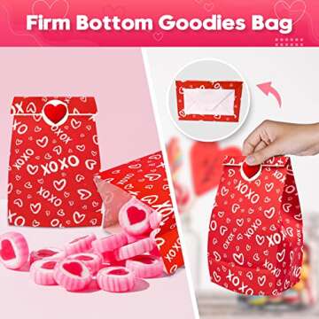48PCS Valentine Gift Bags Assorted Designs Paper Treat Bags for Kids Classroom Candy Goodie Bags with Stickers Valentines Day Heart Cookies Treat Bags Party Favor Supplies