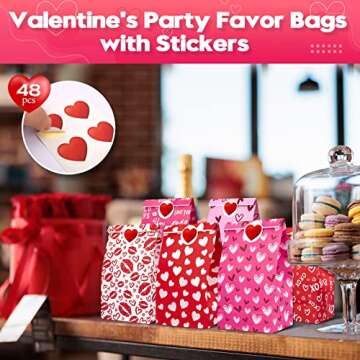 48PCS Valentine Gift Bags Assorted Designs Paper Treat Bags for Kids Classroom Candy Goodie Bags with Stickers Valentines Day Heart Cookies Treat Bags Party Favor Supplies