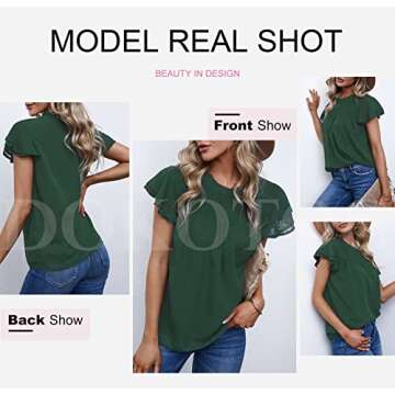 Dokotoo Women's Fashion 2024 Summer Ruffle Short Sleeve Round Neck Tops Lace Pom Pom Smocked Basic Tee Shirts Back Keyhole Self Tie Flowy Chiffon Blouses L Green