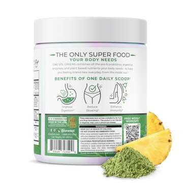 One Sol Greens, Super Greens Powder to Reduce Bloating & Improve Gut Health, Superfood Fresh Bloom Organic Greens Blend Juice & Smoothie Mix, Pre & Probiotic with Digestive Enzymes, Vegan & Soy Free
