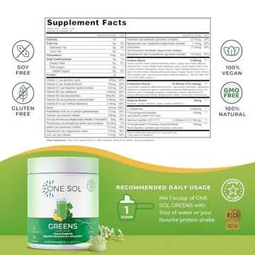 One Sol Greens, Super Greens Powder to Reduce Bloating & Improve Gut Health, Superfood Fresh Bloom Organic Greens Blend Juice & Smoothie Mix, Pre & Probiotic with Digestive Enzymes, Vegan & Soy Free