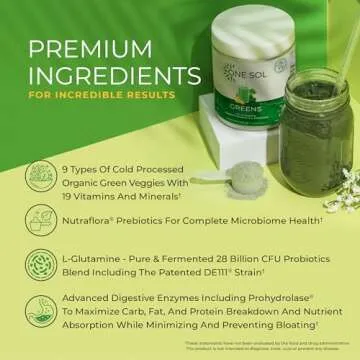 One Sol Greens, Super Greens Powder to Reduce Bloating & Improve Gut Health, Superfood Fresh Bloom Organic Greens Blend Juice & Smoothie Mix, Pre & Probiotic with Digestive Enzymes, Vegan & Soy Free