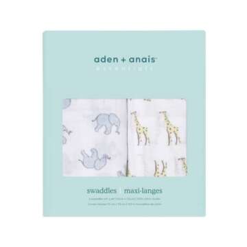 aden + anais Essentials Muslin Swaddle Blankets, Newborn Receiving Blanket for Swaddling, 100% Cotton Baby Swaddle Wrap, 2 Pack, Safari