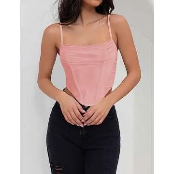 ZESICA Women's Summer Corset Tops Sexy Spaghetti Straps Mesh Bustier Top Cute Camisole Tank Tops Pink