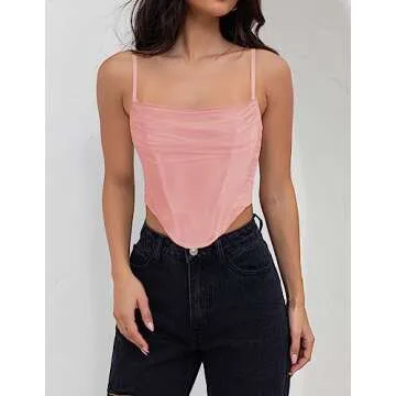ZESICA Women's Summer Corset Tops Sexy Spaghetti Straps Mesh Bustier Top Cute Camisole Tank Tops Pink