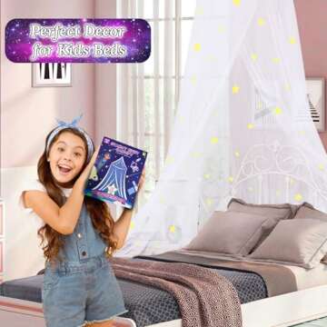 South to East Bed Canopy with Fluorescent Stars Glow in Dark for Kids, Girls Or Adults, Starry Night Bed Canopy Fit Kid Beds, Girls Beds, Twin Or Full Size Beds, Fire Retardant Fabric