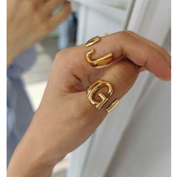 Letter G Ring Gold For Women, GoldChic Jewelry 14k Gold Plated Adjustable Statement Letter Ring for Rocker