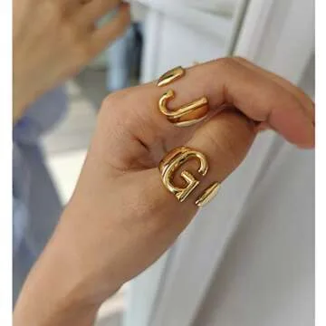Letter G Ring Gold For Women, GoldChic Jewelry 14k Gold Plated Adjustable Statement Letter Ring for Rocker